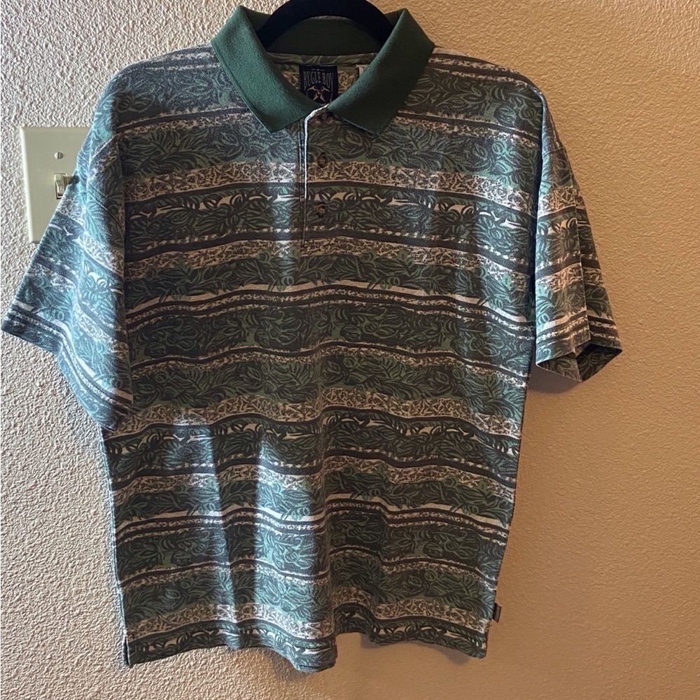 VTG,Bugle Boy Green and Gray Patterned Polo Shirt Size XL